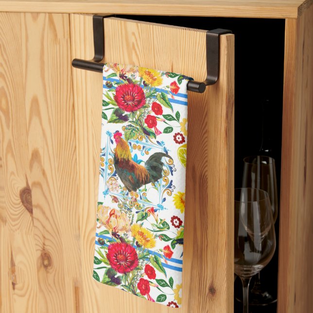 Rooster,farm,birds ,folklore pattern   tea towel (Thirds Fold)