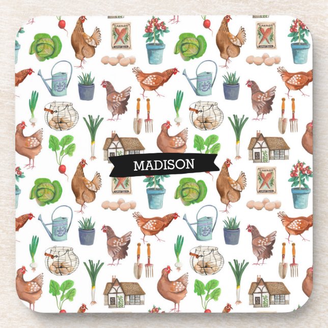 Rooster farm gardening pattern outdoor pillow coaster (Front)