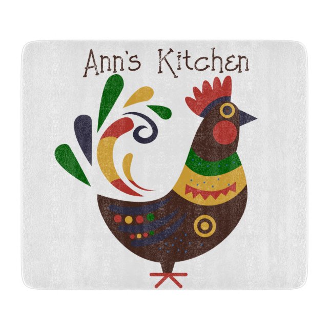 "Rooster" Folk Art Style Custom Cutting Board (Front)