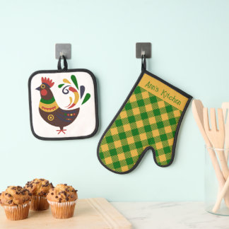 "Rooster" Folk Art Style Custom Oven Mitt & Pot Holder Set