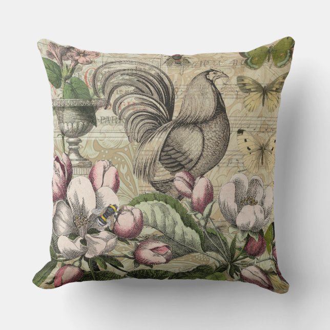 Rooster Garden Flower Butterfly Art Cushion (Front)