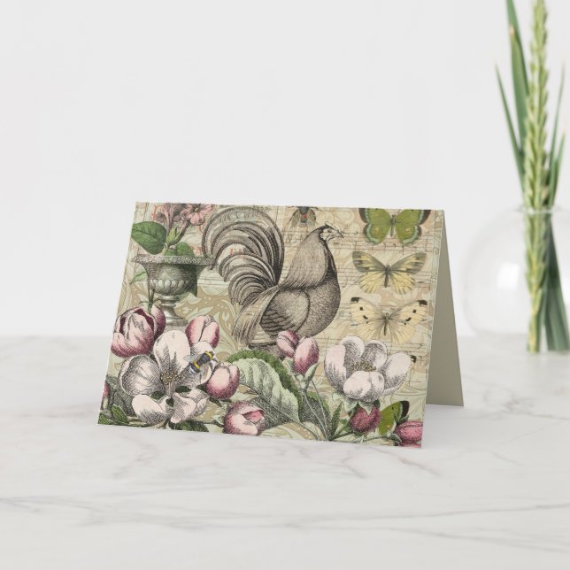 Rooster Garden Flower Butterfly Art Holiday Card (Front)