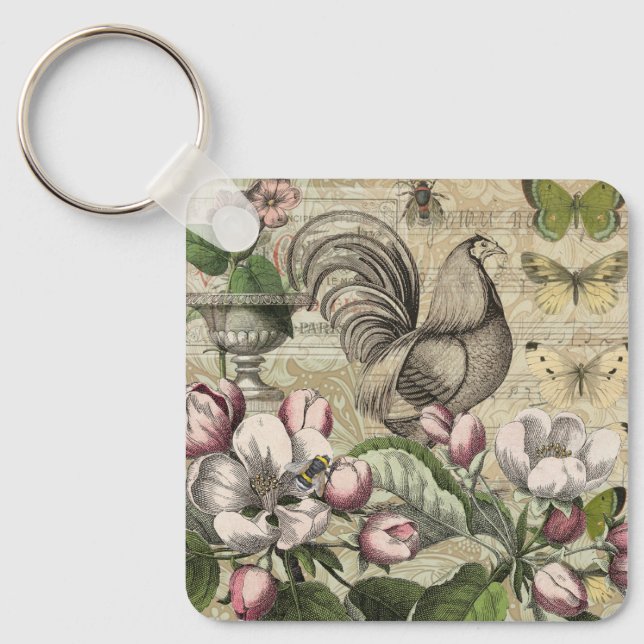 Rooster Garden Flower Butterfly Art Key Ring (Front)