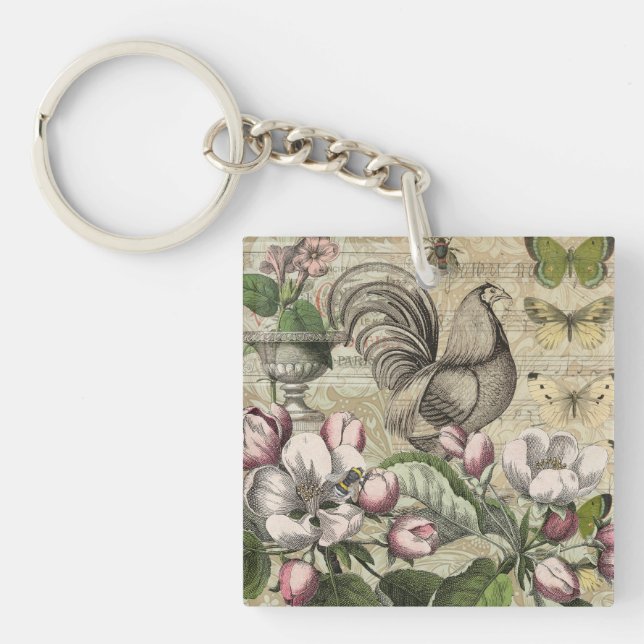 Rooster Garden Flower Butterfly Art Key Ring (Front)