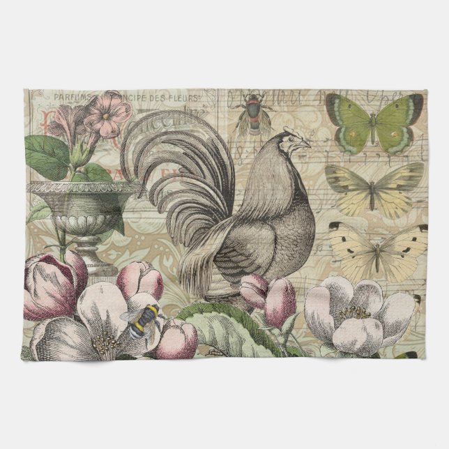 Rooster Garden Flower Butterfly Art Tea Towel (Horizontal)