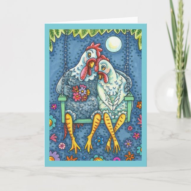 ROOSTER HEN CANOODLES, CUTE CHICKEN ROMANCE Blank Card (Front)