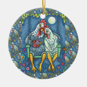ROOSTER HEN CANOODLES, CUTE CHICKEN SWEETHEARTS CERAMIC TREE DECORATION