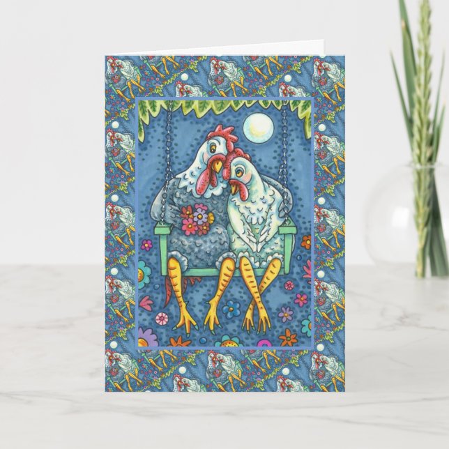 ROOSTER HEN CANOODLES, CUTE CHICKEN SWEETHEARTS HOLIDAY CARD (Front)