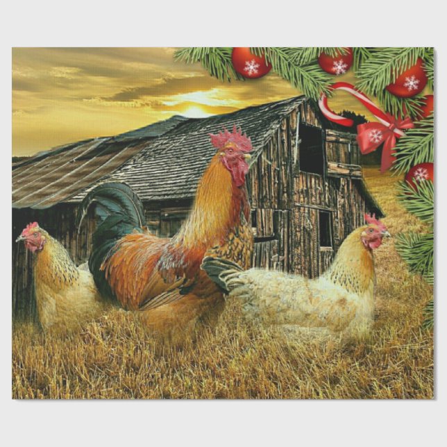Rooster Hen Chicken Coop Christmas Wrapping Paper (Flat)