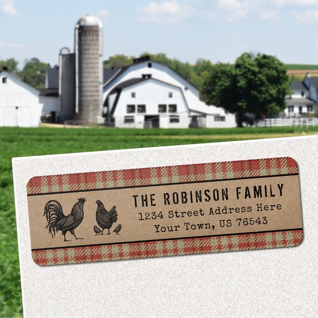 Rooster Hen Chicks Country Red Plaid Kraft Address (Choose from Return Address Labels, Shipping Labels or Standard Address Labels)