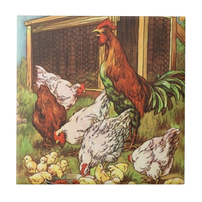 Rooster Hen & Chicks Country Rural kitchen Tile (Front)