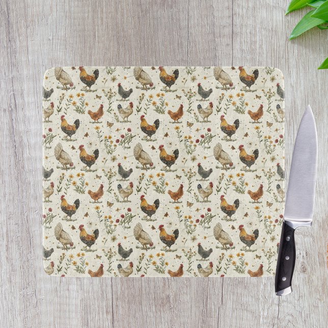 Rooster hens farmhouse beige retro cutting board (Creator Uploaded)