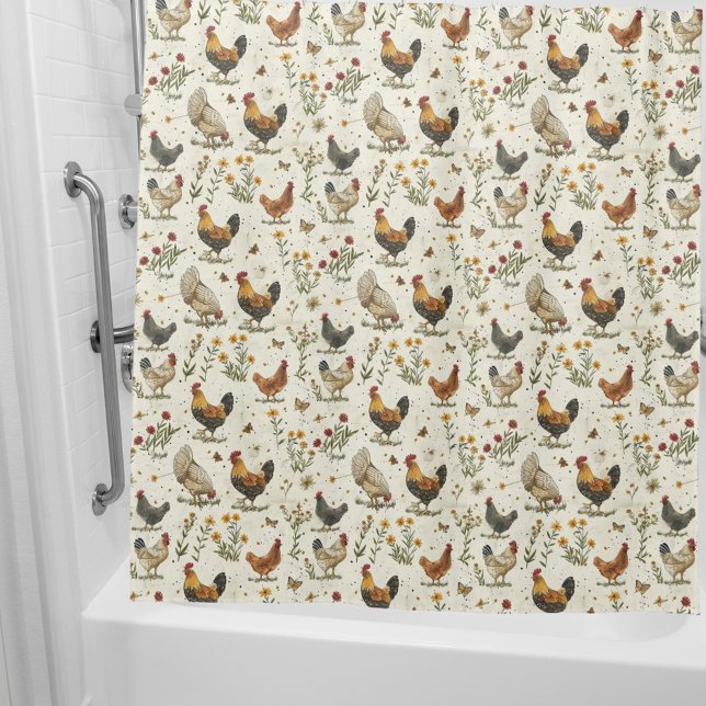 Rooster hens farmhouse beige retro shower curtain (Creator Uploaded)