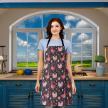 Rooster hens farmhouse black red pink apron<br><div class="desc">A black background decorated with a retro farmhouse style rooster and hen pattern in red,  pink.</div>