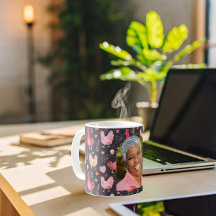 Rooster hens farmhouse black red pink photo coffee mug