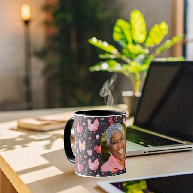 Rooster hens farmhouse black red pink photo mug (Creator Uploaded)