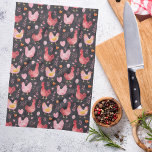 Rooster hens farmhouse black red pink tea towel<br><div class="desc">A black background decorated with a retro farmhouse style rooster and hen pattern in red,  pink.</div>