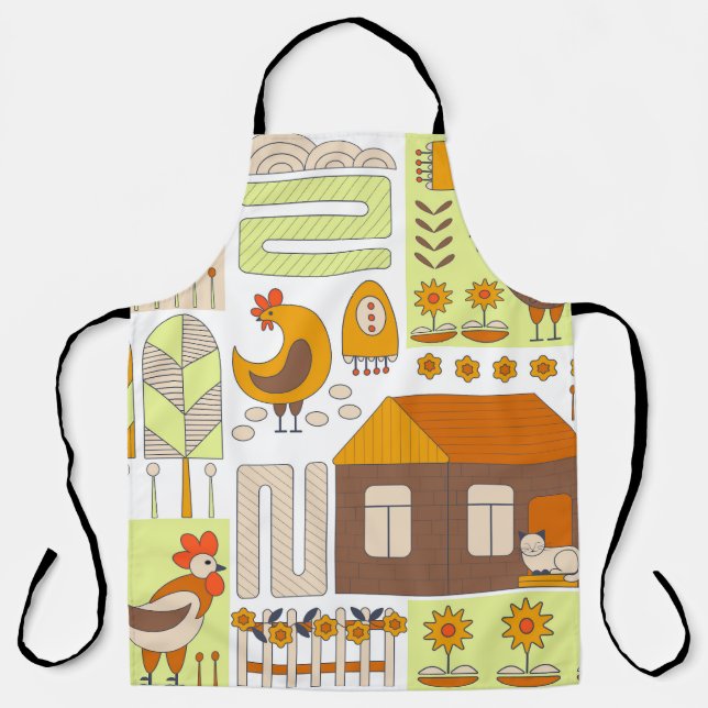Rooster, hens, geometric floral drawing. apron (Front)