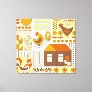 Rooster, hens, geometric floral drawing. canvas print
