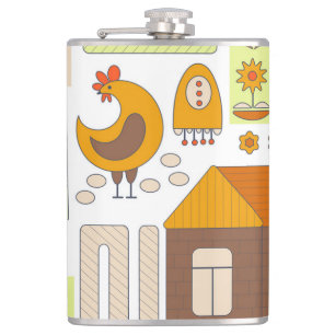 Rooster, hens, geometric floral drawing. hip flask