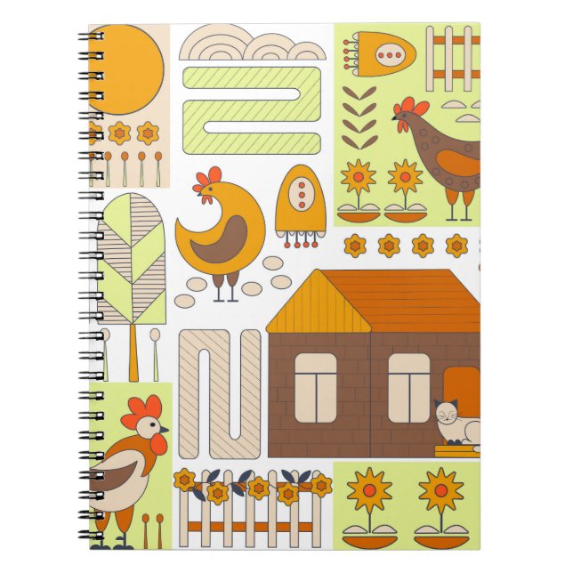 Rooster, hens, geometric floral drawing. notebook (Front)