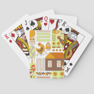 Rooster, hens, geometric floral drawing. playing cards