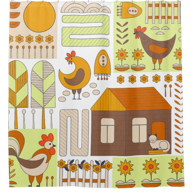 Rooster, hens, geometric floral drawing. shower curtain (Front)