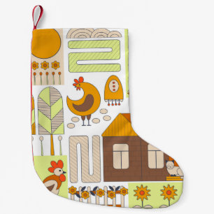 Rooster, hens, geometric floral drawing. small christmas stocking