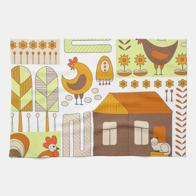 Rooster, hens, geometric floral drawing. tea towel (Horizontal)