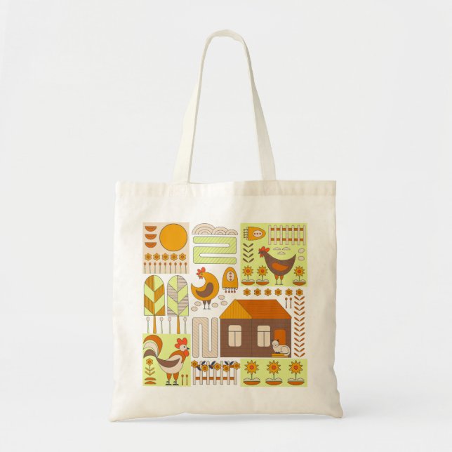 Rooster, hens, geometric floral drawing. tote bag (Front)