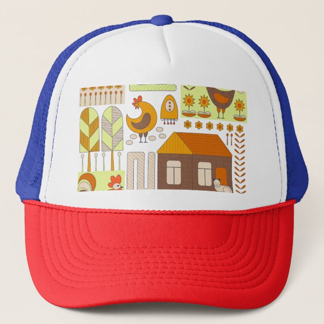 Rooster, hens, geometric floral drawing. trucker hat (Front)