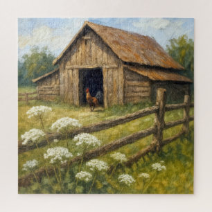 Rooster in a Barnyard Oil Painting Jigsaw Puzzle