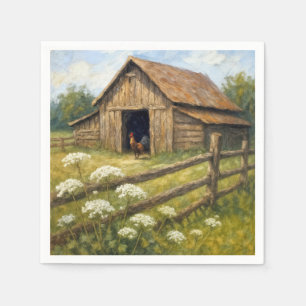 Rooster in a Barnyard Oil Painting Napkin