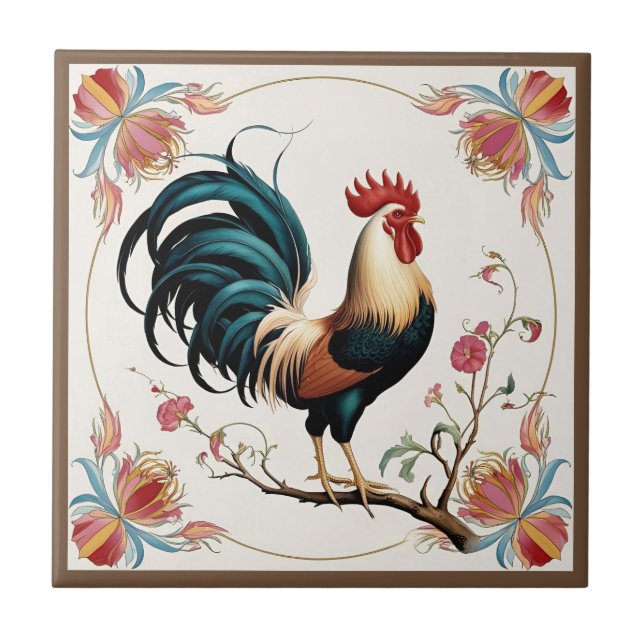 Rooster in Bloom Tile (Front)