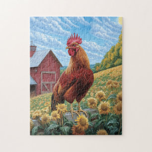 Rooster on a Sunflower Farm Painting Jigsaw Puzzle