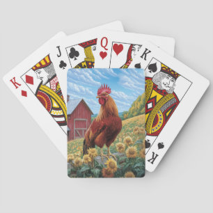 Rooster on a Sunflower Farm Painting Playing Cards