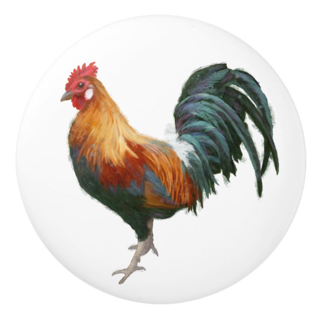 Rooster Painted Country Farmhouse White Kitchen Ceramic Knob (Front)