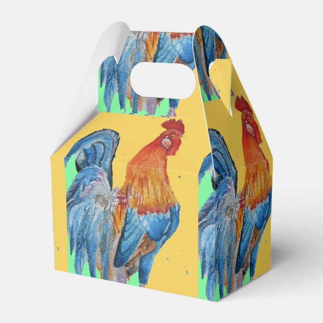 Rooster Red Blue Child Birthday Cake Favor Box (Front Side)