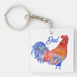 Rooster Red Watercolor Birthday Party Paper Plate Key Ring