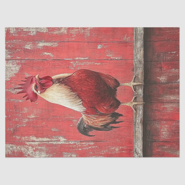 Rooster Red Wood Barn Wall Decoupage Tissue Paper (Front)