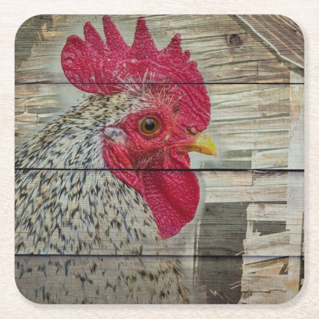 Rooster Rustic Chicken Coop Barn Board Square Paper Coaster (Front)