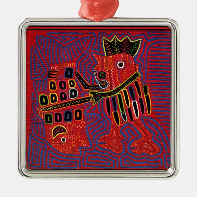 Rooster Scaling a Fish with a Machete Metal Tree Decoration (Front)