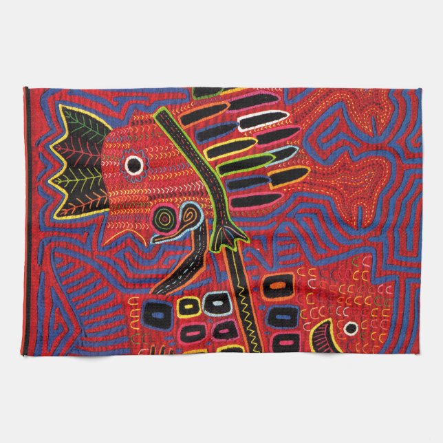 Rooster Scaling a Fish with a Machete Tea Towel (Horizontal)