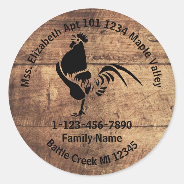 Rooster Silhouette Family Home Address Classic Round Sticker (Front)