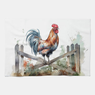 rooster sitting on white picket fence watercolor tea towel