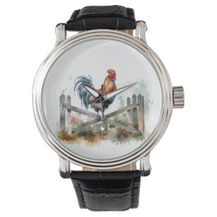 rooster sitting on white picket fence watercolor watch