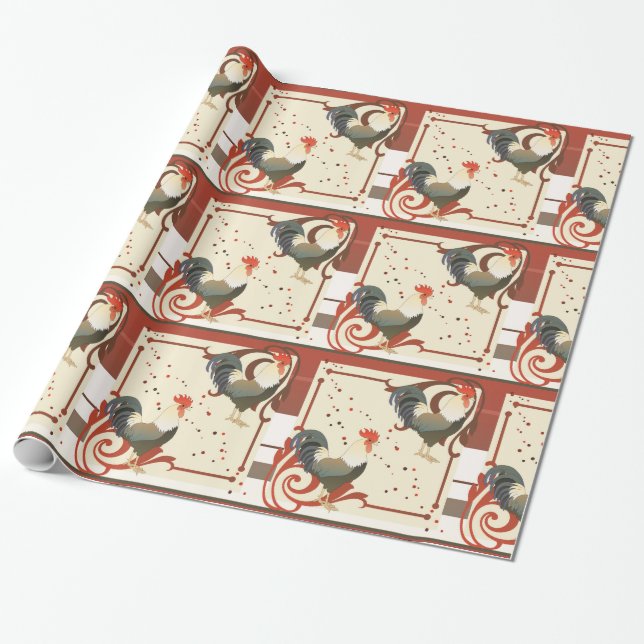 Rooster Sparkle Pattern Wrapping Paper (Unrolled)