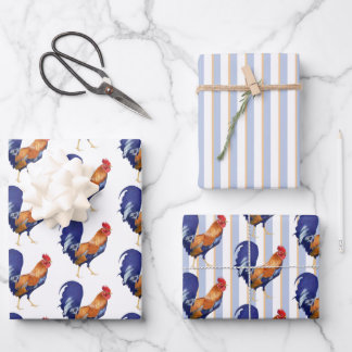 Rooster Stripes Wrapping Paper Flat Sheet Set of 3