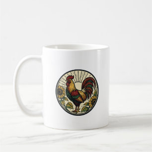 Rooster Sunflower Woodcut Art Round Mug