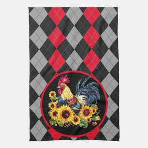 Rooster & Sunflowers On Black, Red & Grey Plaid Tea Towel